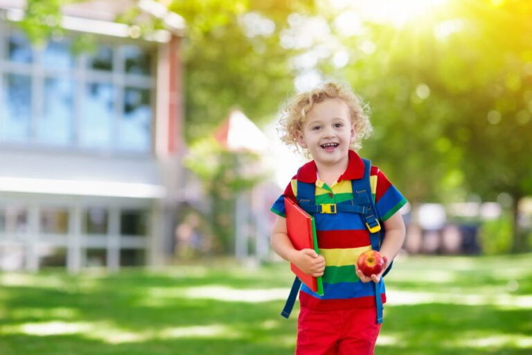 Child going back to school. Start of new school year after summer vacation.